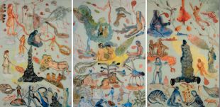 Nalini Malani, Appeasing Radha, 2006, Triptych, 183 X 122 cm each, overall size 185 X 366 cm, Acrylic and enamel reverse painting on acrylic sheet, Courtesy of the artist
