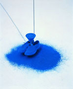 Rebecca Horn, Take me to the other side of the ocean, 1991, Shoes, glass funnell, blue pigment, metal construction and motor, Dimensions variable, Collection Irish Museum of Modern Art, Purchase, 2002