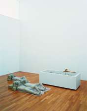 Isolated Bathroom, 2003, Iron bathtub with wooden tap, water pump, thin plastic sheeting, painted aluminium, ceramic, wigs, 450 x 300 x 75 cm, Sammlung Goetz, Munich