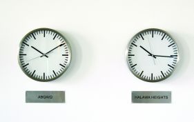 Will Kwan, Clocks that do not tell the time, 2008, 24 wall clocks, 24 metal signs