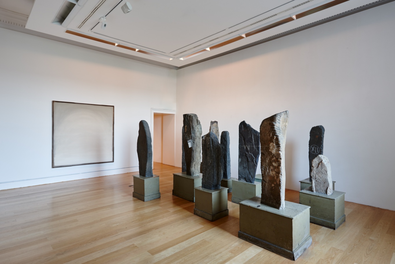 Hope Painting (Going Through the Loooking Glass), 2005 (IMMA) by William McKeown with a selection of Ogham Stones , 5th-7th AD (NMI) Denis Mortell Photography