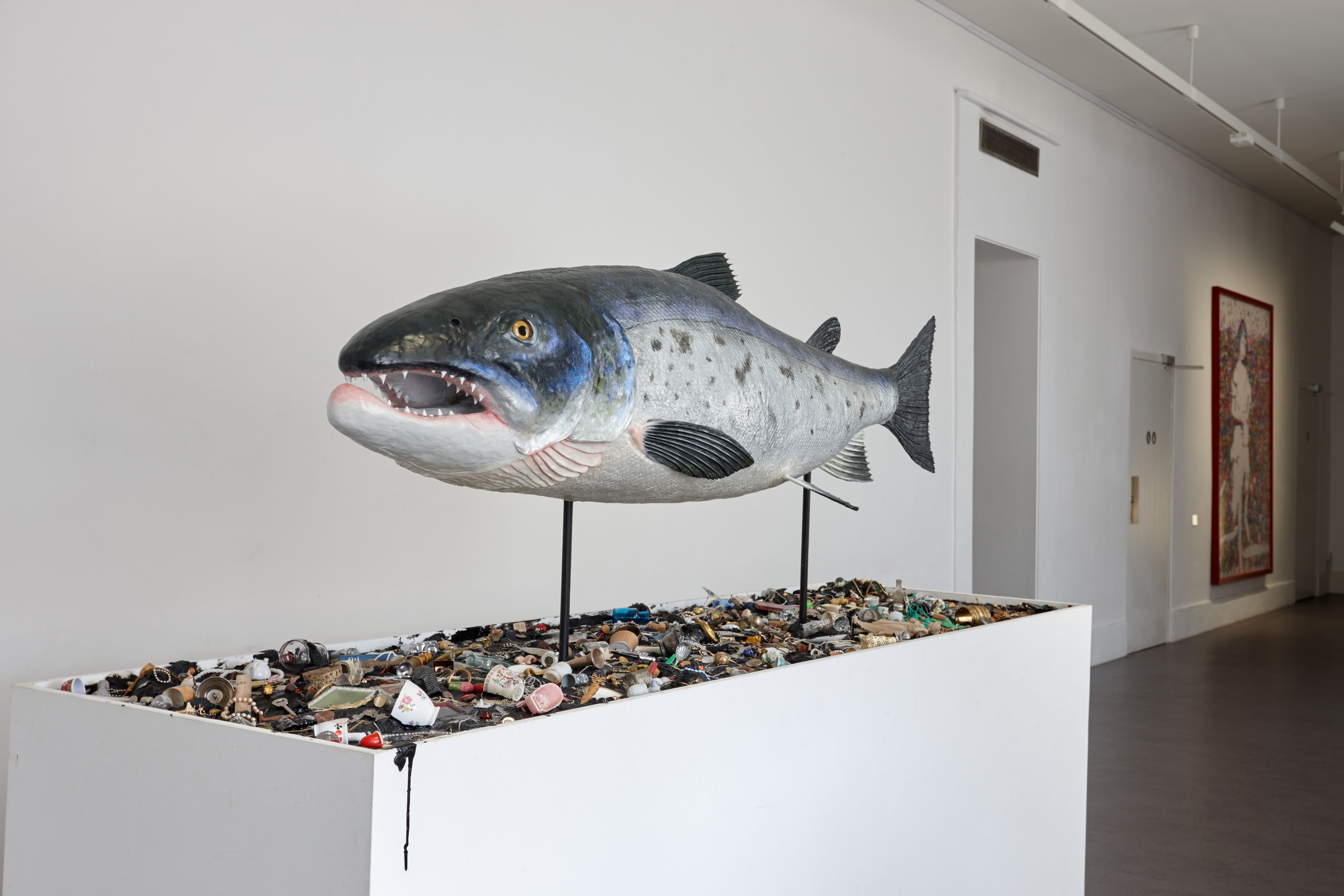 Mark Dion The Salmon of Knowledge Returns, 2015 Epoxy resin, steel, tar, wood, foam, paper, aerosol enamel, acrylic paints, adhesives, glass eyes, mixed media 196 x 300.5 x 90.5 cm, Collection Irish Museum of Modern Art, On loan from the artist, 2016. Photography courtesy of Dennis Mortell.