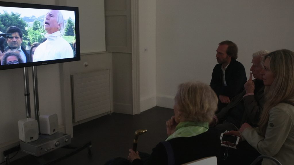 L – R: Barbara Novak, Christina Kennedy, Brian O’Doherty and Dr. Boris Hars-Tschachotin viewing Lament for Patrick Ireland (2010) directed by Sé Merry Doyle, Loopline Film. Photography AlanJames Burns