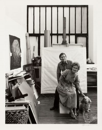 Black & white photograph of Brian and Barbara and their dog Flann O’Brien