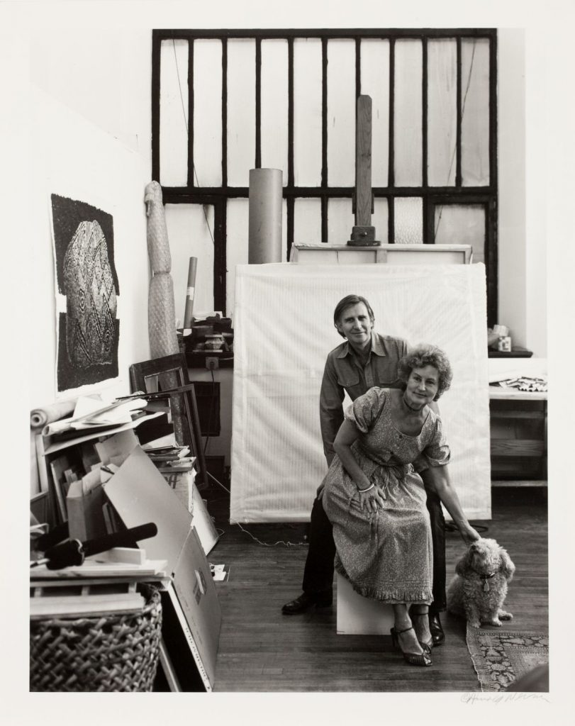 Artwork: Black & white photograph of Brian and Barbara and their dog Flann O’Brien