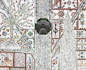 An image of Monir Shahroudy Farmanfarmaian, Shazdeh's Garden, 2010, mirror and reverse glass painting on plaster and wood 180 x 110 x 4 cm