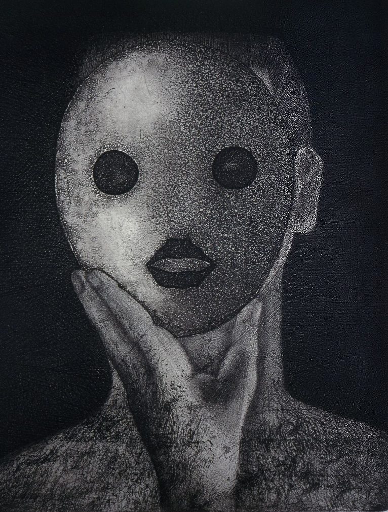 Mary Farl Powers, Mask Head 1, 1973, Monochrome etching, 30.5 x 25 cm, Collection Irish Museum of Modern Art, Donation, Powers Family, 2009