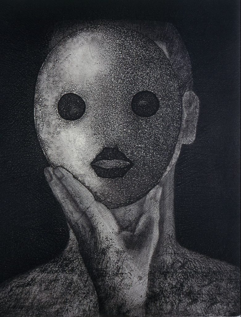 Mary Farl Powers, Mask Head 1, 1973, Monochrome etching, 30.5 x 25 cm, Collection Irish Museum of Modern Art, Donation, Powers Family, 2009