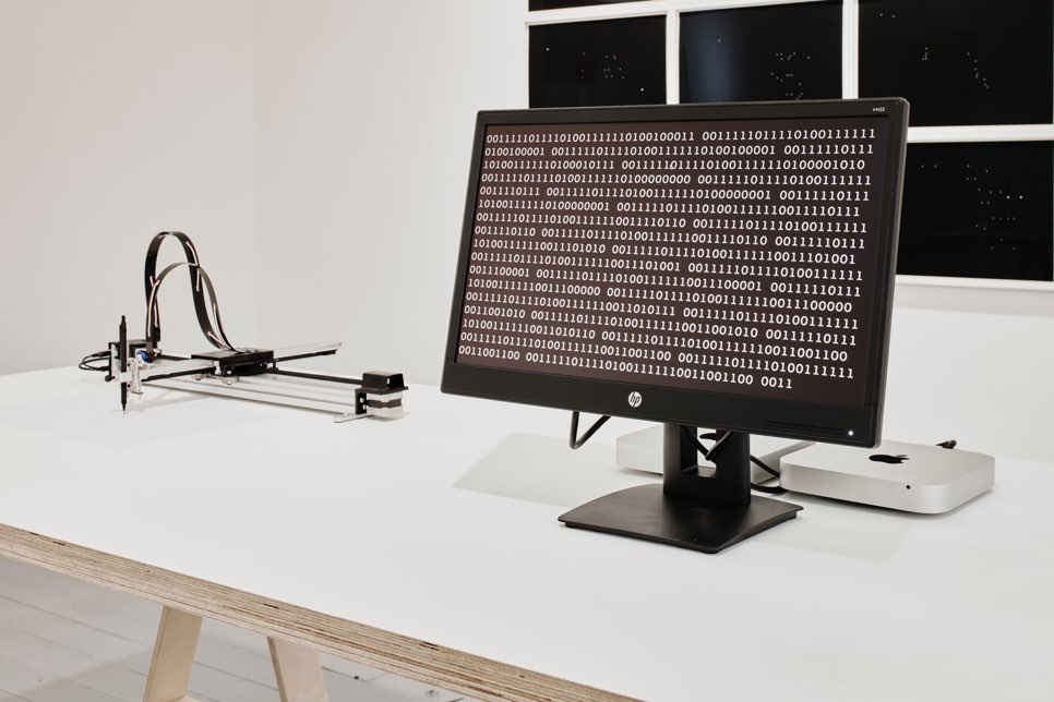 Walker and Walker. MORNING STAR, EVENING STAR, 2019. Plotter, computer, monitor, paper, table. 42 x 29.7 paper, installation dimensions variable