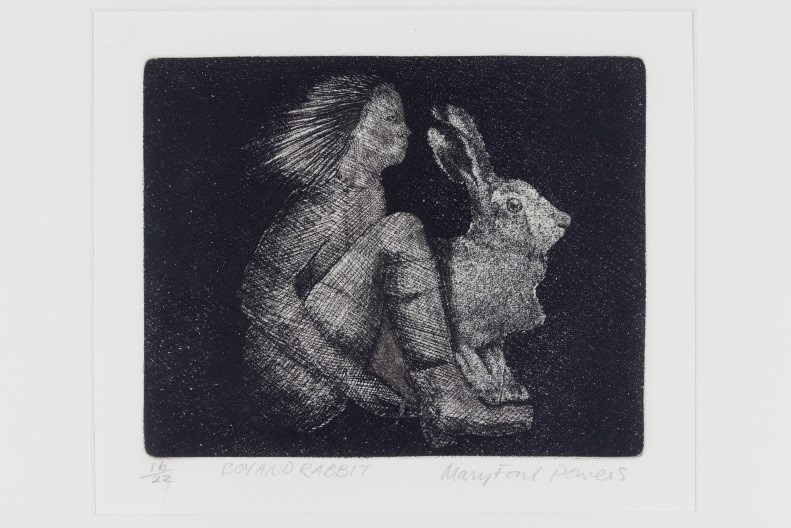 Mary Farl Powers, Boy and Rabbit, 1972, Monochrome etching, 15.5 x 19.5 cm, Collection Irish Museum of Modern Art, Donation, Powers Family, 2009