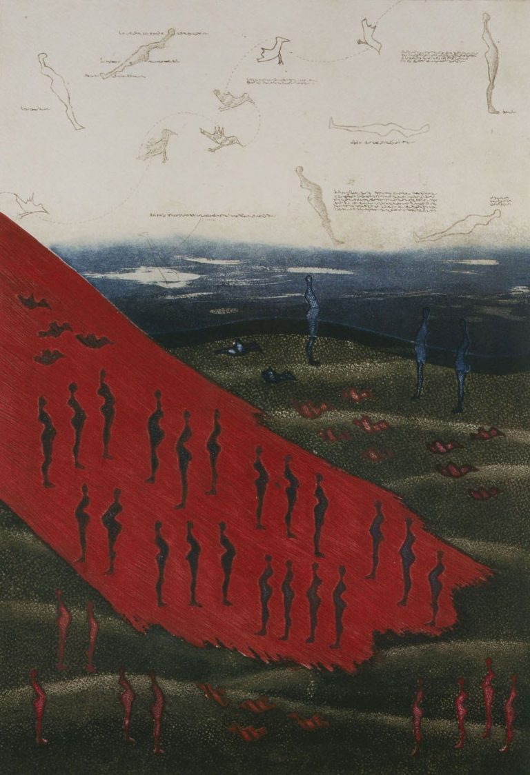 Gallery thumbnail. Mary Farl Powers, Red on Green, 1975, Colour etching, 43 x 30 cm, Collection Irish Museum of Modern Art, Donation, Powers Family, 2009