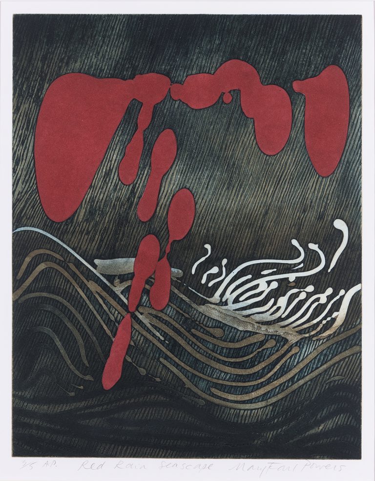 Gallery thumbnail. Mary Farl Powers, Red Rain Seascape, 1977, Colour etching on paper, 48 x 38 cm, Collection Irish Museum of Modern Art, Donation, Powers Family, 2009 