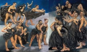 Paula Rego, Dancing Ostriches, 1995, Pastel on paper mounted on aluminium left panel 162.5 × 155 cm; right panel 160 × 120 cm © Paula Rego, Courtesy of The Artist and Marlborough, New York and London Marlborough International Fine Art