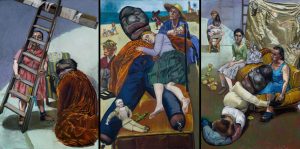 Paula Rego, The Pillowman, 2004Oil and mixed media on paper, collage and canvas Three panels: each 180 x 120 cm © Paula Rego, Courtesy of The Artist and Marlborough, New York and London Private Collection