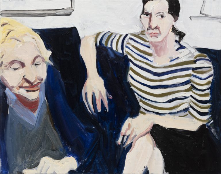 Gallery thumbnail. Chantal Joffe, Self-Portrait in Striped Shirt with My Mother_2019 Oil on canvas 49.5 x 39.5 cm, © Courtesy the artist and Victoria Miro.