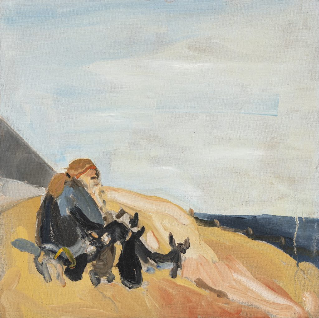 Chantal Joffe, My Mother in St Leonards with the Dogs, 2015, Oil on canvas-board, 40 x 40 cm 15 3/4 x 15 3/4 in © Courtesy the artist and Victoria Miro.