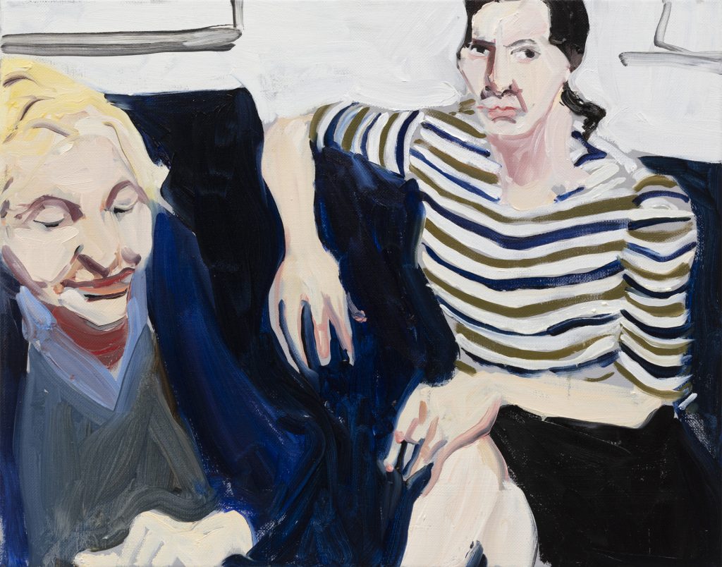 Chantal Joffe, Self-Portrait in Striped Shirt with My Mother_2019 Oil on canvas 49.5 x 39.5 cm, © Courtesy the artist and Victoria Miro.