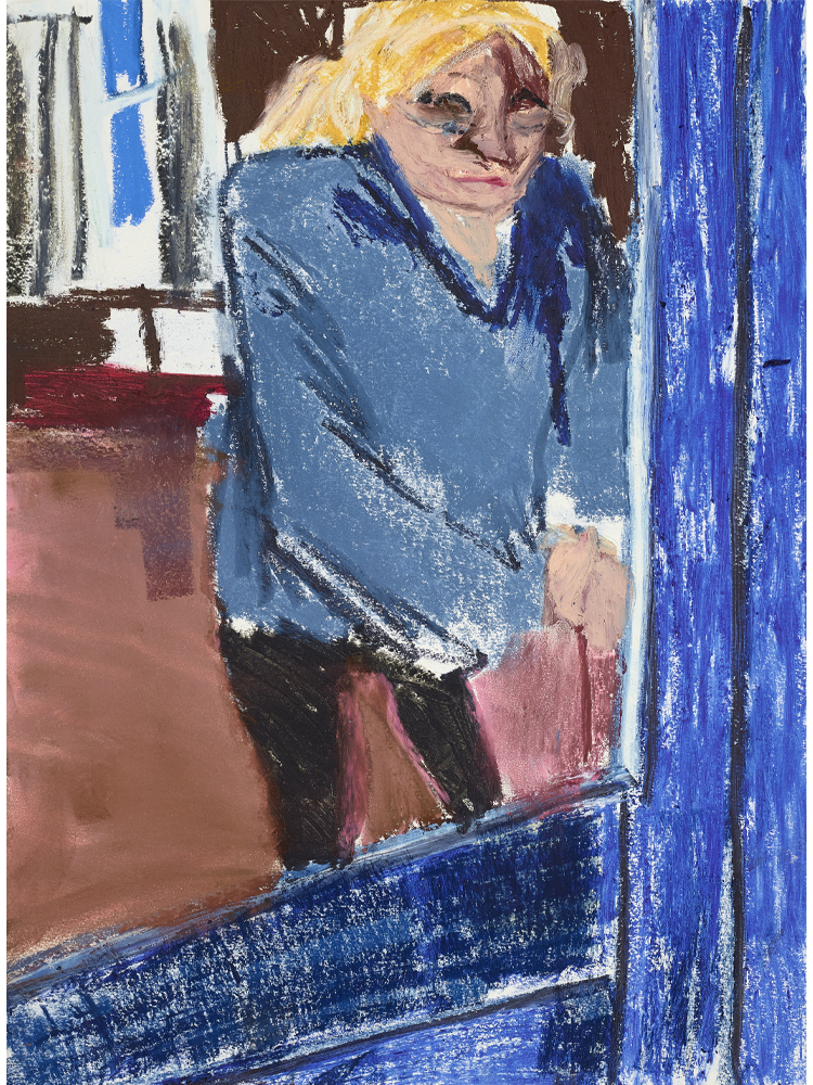 Chantal Joffe, <em>My Mother Locking Her Door,</em> 2020 Oil stick, pastel, pencil on cartridge paper 60 x 42 cm, © Courtesy the artist and Victoria Miro.