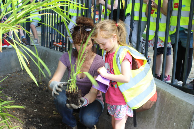 Gallery thumbnail. Clodagh Emoe, Crocosmia ×, 2018, workshop with
children planting in TUD, Grangegorman
