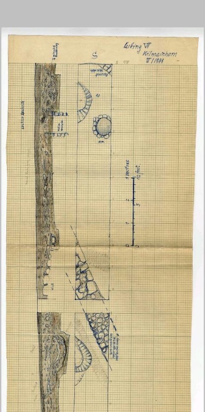 Gallery thumbnail. A sketch of Trench VII that uncovered a wall a well and a paved path. Bersu also recovered fragments of 22 ecclesiastic floor tiles, 1948, NMI.