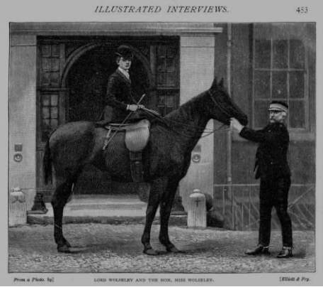 Gallery thumbnail. Miss Frances Wolseley pictured in Strand Magazine on her horse Blackberry went on to set up a horticultural college for women gardeners and was disinherited by her parents for not staying in their home and caring for them. [Strand Magazine 1892]