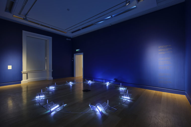 Gallery thumbnail. Installation view, Hamad Butt, ‘Transmission’, 1990. Featured in exhibition Hamad Butt: Apprehensions (6 Dec 2024 – 5 May 2025), IMMA – Irish Museum of Modern Art, Dublin, Ireland. Photo Ros Kavanagh. 