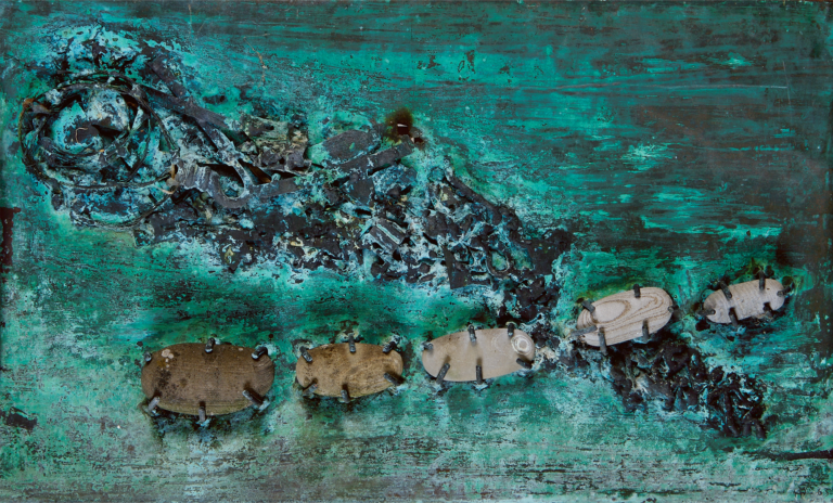 Gallery thumbnail. Hilary Heron, 'Drift Stones' (1963) Bronze (plaque), verdigris patina, stones, nails. 38x61 cm. Private Collection. Image courtesy of Adams