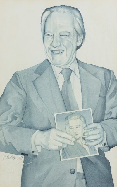 Portrait of Ian Baird holding a drawing of his wife Beatrice