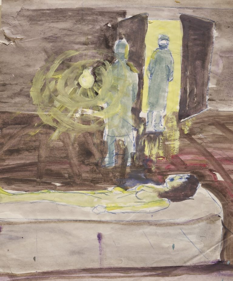 Gallery thumbnail. Patricia Hurl, Study for Jingle Bells 2, 1987, Gouache and watercolour on machine made woven paper, Unframed, 49.7 x 41.5 cm, Collection Irish Museum of Modern Art, Donated by Patricia Hurl, 2021