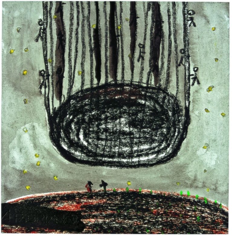 Gallery thumbnail. Patrick Hall, Black Stone Being Lifted by Angels, 2004, Ink and pastel on paper, Unframed, 28 x 27 cm|Framed, 49.5 x 48 x 2.2 cm, Collection Irish Museum of Modern Art, Donation, 2008