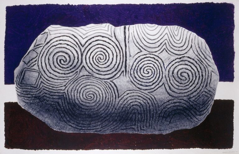Gallery thumbnail. Brian O'Doherty, Patrick Ireland, Untitled (large stone at Newgrange), 1983, Watercolour on paper, Unframed, 114 x 174.6 cm|Framed, 121.2 x 181 x 3.9 cm, Collection Irish Museum of Modern Art, Donated by the aritst in memory of Robin Walker, 1992