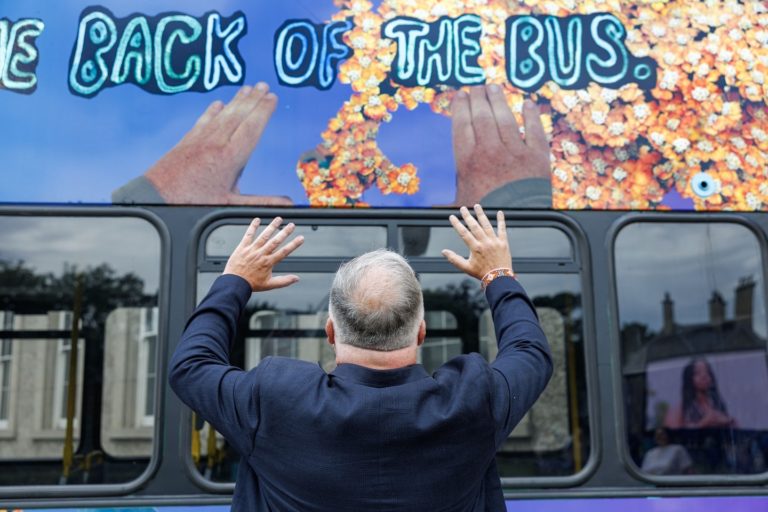Gallery thumbnail. Art in Motion: Routes and Roots, is created by artist Alberta Whittle and has been developed in collaboration with poet Dagogo Hart and community writers group The Poetry Vigilantes, part of Dublin 8’s Fatima Groups United. Art in Motion is a project by IMMA, in partnership with the National Transport Authority (NTA) under its Transport for Ireland (TFI) brand. Photo Marc O'Sullivan. 
