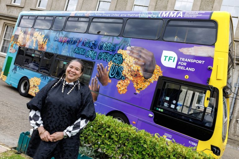Gallery thumbnail. Art in Motion: Routes and Roots, is created by artist Alberta Whittle (pictured) and has been developed in collaboration with poet Dagogo Hart and community writers group The Poetry Vigilantes, part of Dublin 8’s Fatima Groups United. Art in Motion is a project by IMMA, in partnership with the National Transport Authority (NTA) under its Transport for Ireland (TFI) brand. Photo Marc O'Sullivan. 