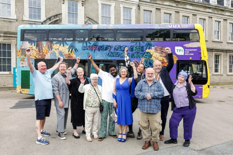 Gallery thumbnail. IMMA and the National Transport Authority unveil a striking new mobile artwork on a TFI bus to bring contemporary art to the streets of Dublin. Pictured are members of Fatima Groups United The Poetry Vigilantes, artist Alberta Whittle, poet Dagago Hart with the NTA and IMMA. Photo Marc O'Sullivan. 