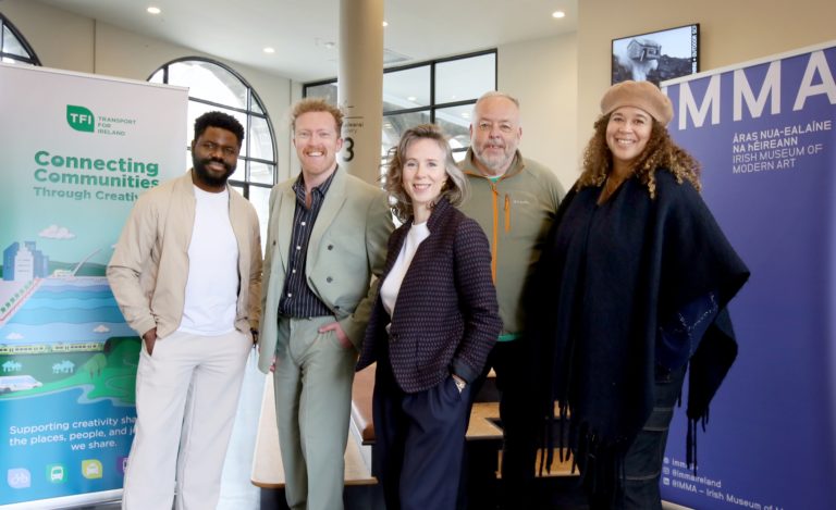 Gallery thumbnail. Pictured at the launch of a new partnership between IMMA and the Transport for Ireland (TFI) Network are Dagogo Hart, poet; Daryl Daniels, National Transport Authority; Rachael Gilbourne, IMMA; Richie Keane, Fatima Groups United The Poetry Vigilantes; and artist Alberta Whittle. Photo Mark Stedman. 