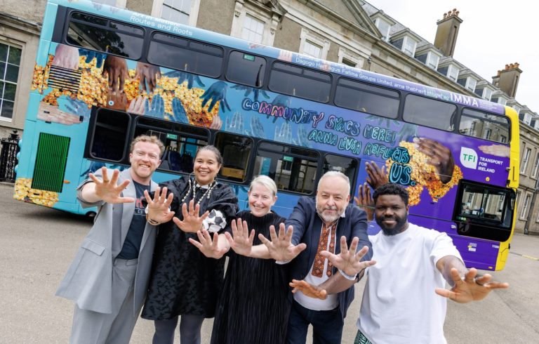 Gallery thumbnail. IMMA and the National Transport Authority unveil a striking mobile artwork on a TFI bus to bring contemporary art to the streets of Dublin. Pictured are Daryl Daniels, NTA; artist Alberta Whittle; Annie Fletcher, Director, IMMA; Richie Keane, Fatima Groups United The Poetry Vigilantes; and poet Dagago Hart. Photo Marc O'Sullivan. 