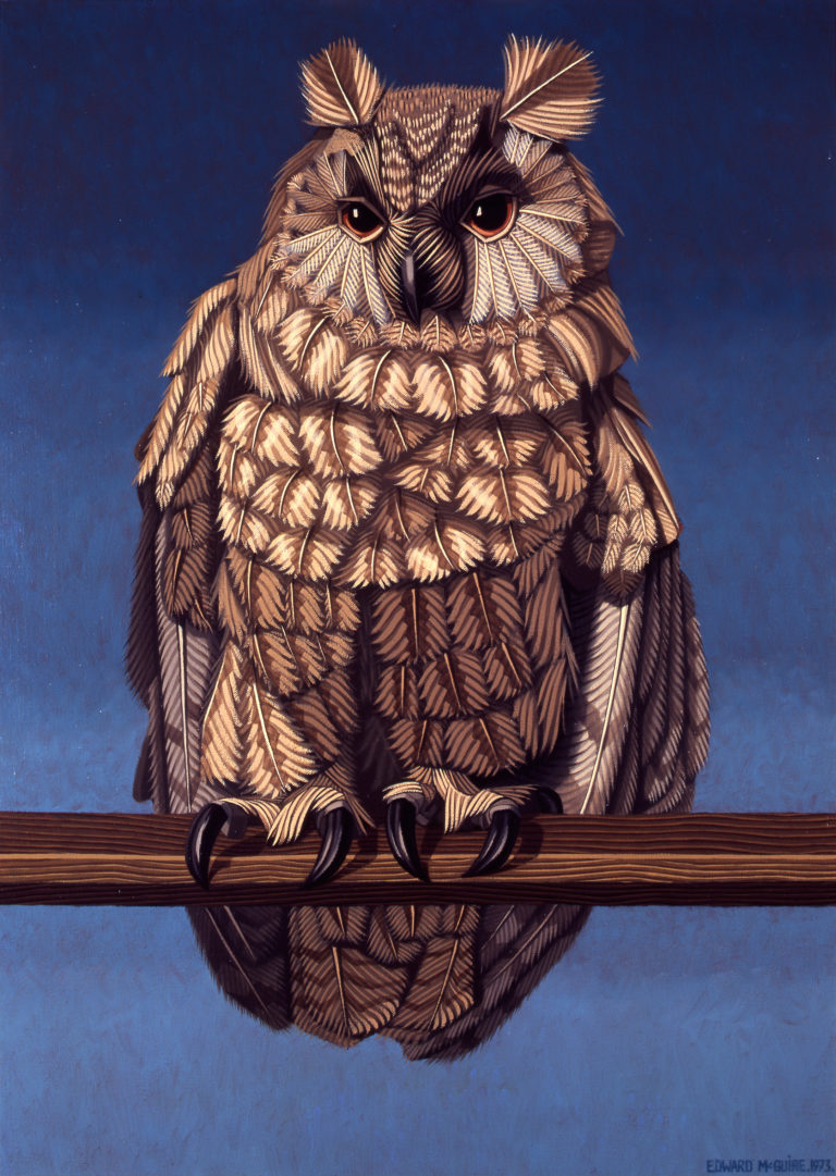 Gallery thumbnail. Edward McGuire, Owl, 1973, Oil on canvas, 108.4 height, 83 width cm, 86.36 height, 60.96 width cm. Collection IMMA, Heritage Gift, P.J. Carroll & Co. Ltd. Art Collection, 2005.